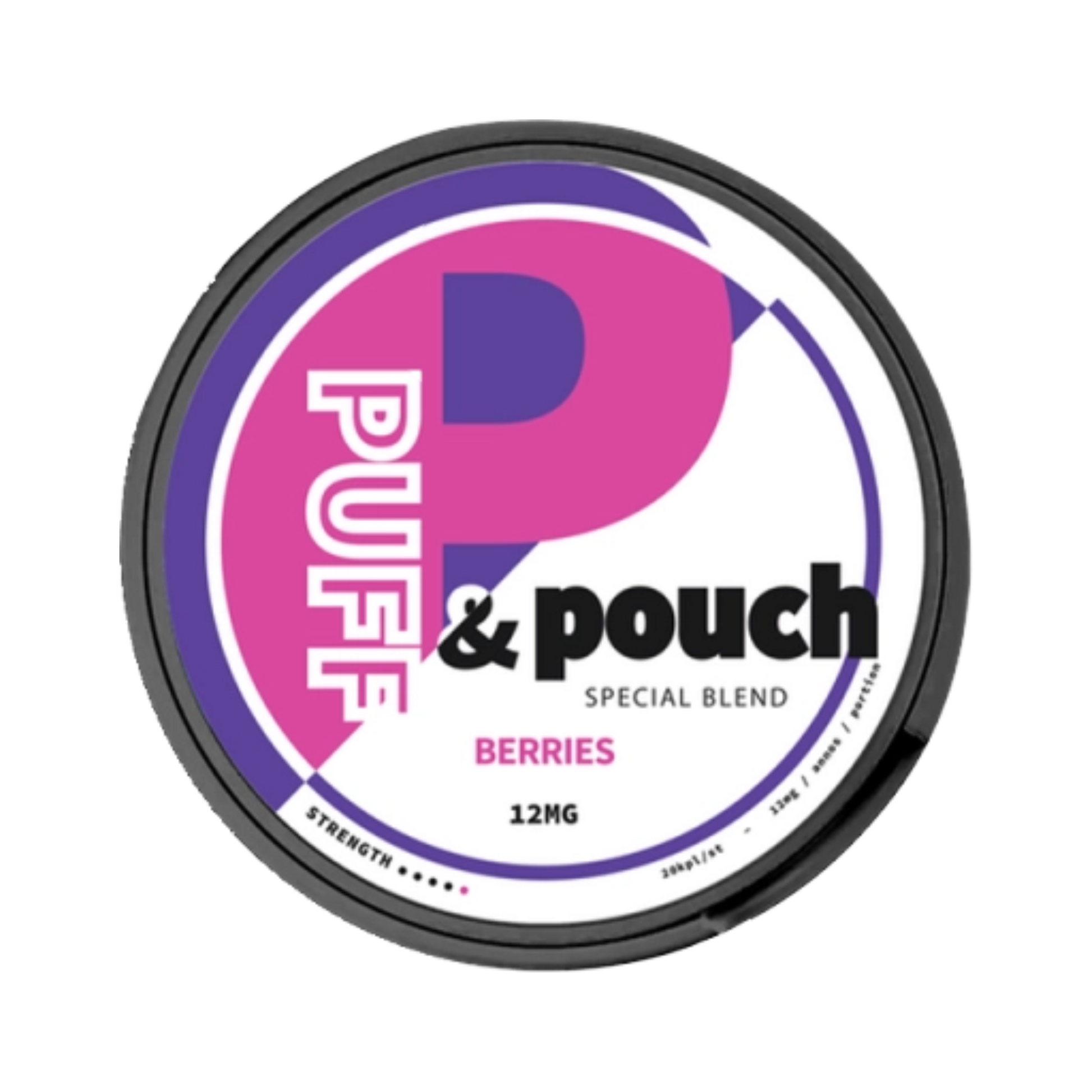 A vibrant can of Puff & Pouch Berries nicotine pouches featuring a purple and white design with the brand logo prominently displayed, symbolizing a sweet and fruity berry flavor.