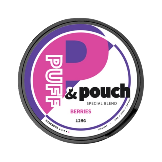 A vibrant can of Puff & Pouch Berries nicotine pouches featuring a purple and white design with the brand logo prominently displayed, symbolizing a sweet and fruity berry flavor.