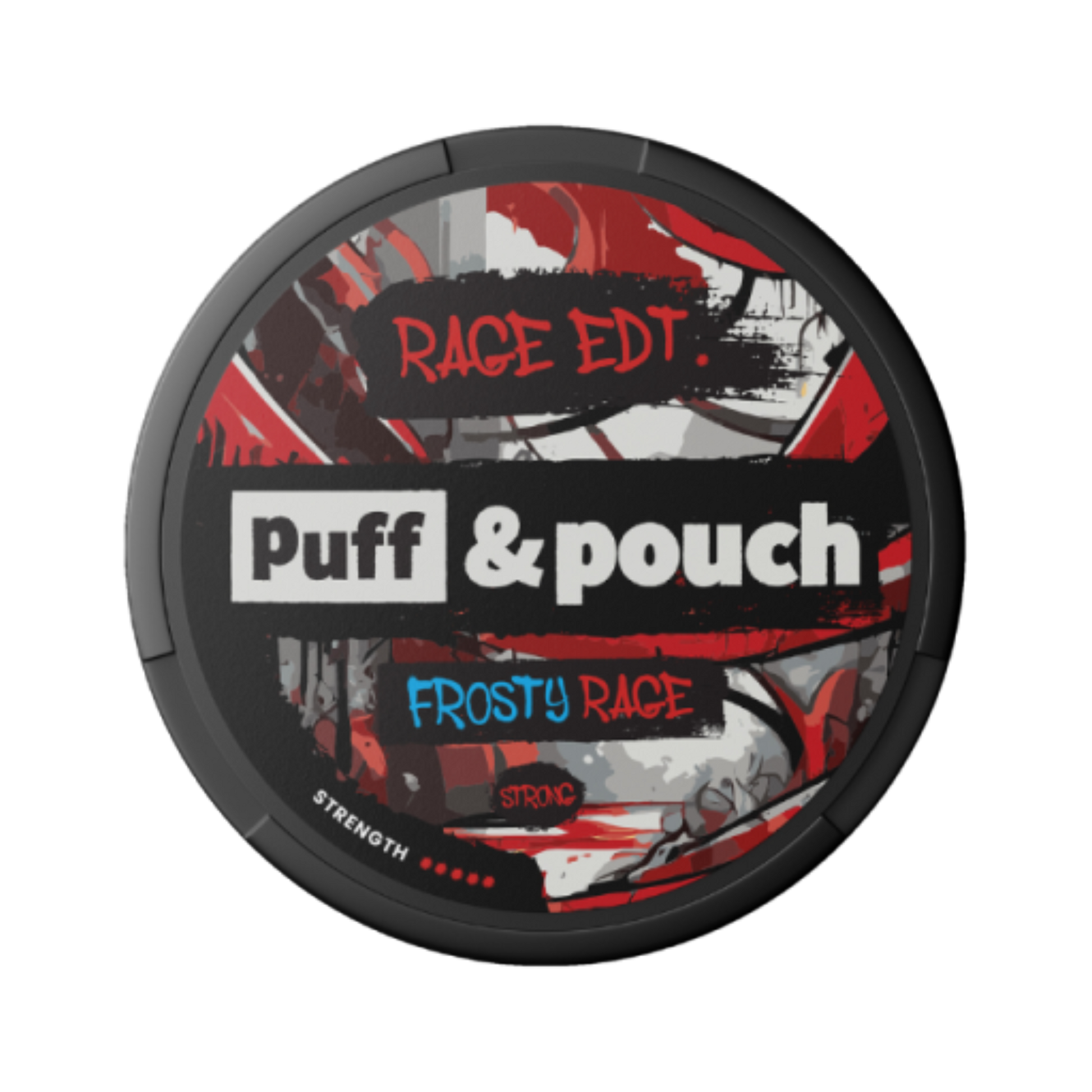 A sleek black and red can of Puff & Pouch Frosty Rage nicotine pouches, showcasing bold icy-themed graphics, reflecting the powerful menthol flavor.