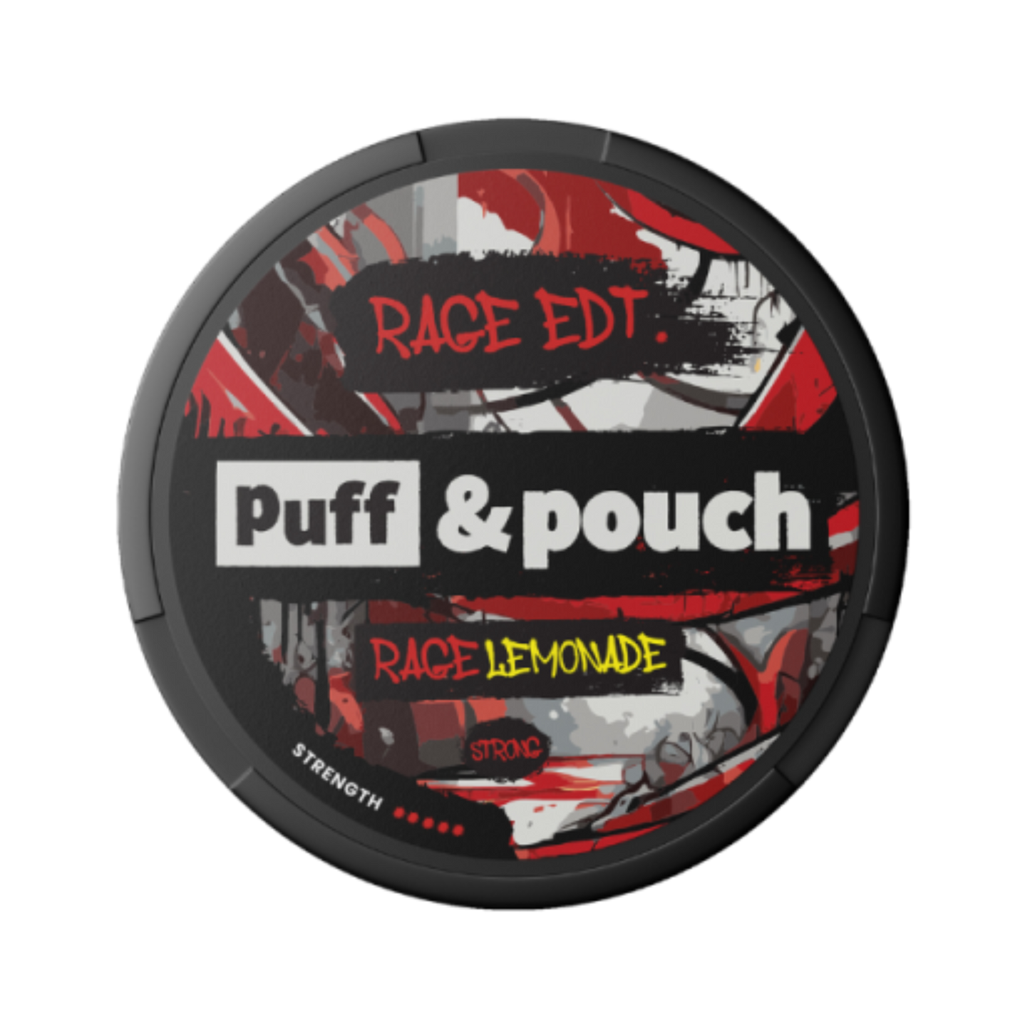 A striking black and red can of Puff & Pouch Rage Lemonade nicotine pouches, adorned with sharp citrus-inspired graphics, representing the zesty lemonade flavor with a twist.